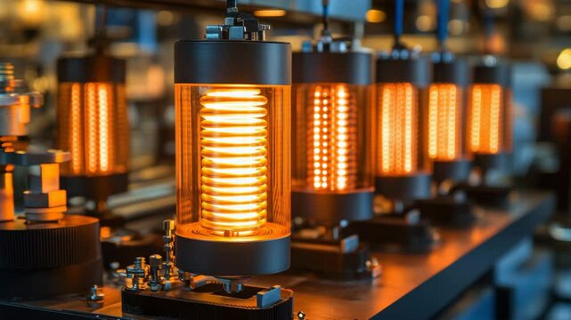 Electric coils emit a warm glow while operating in an industrial facility during evening hours