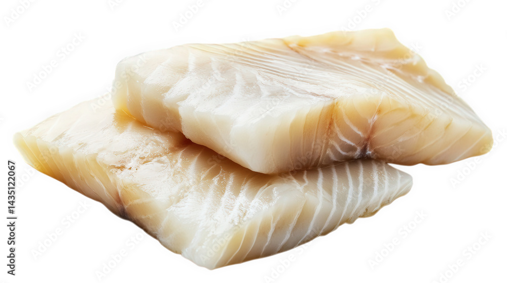 Poster two pieces of raw fish fillet. showcasing a pale. translucent texture with subtle lines indicating t