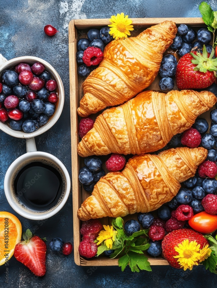 Poster delicious croissants with fresh berries and coffee on a rustic blue background creating a delightful