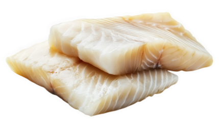 two pieces of raw fish fillet. showcasing a pale. translucent texture with subtle lines indicating the muscle structure the clean. white background emphasizes the freshness and quality of the fish. ma