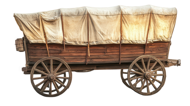 vintage wooden wagon with large wheels. covered by a light-colored canvas top this type of wagon is often associated with historical transportation. particularly in pioneer and agricultural contexts.