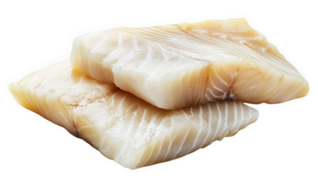 two pieces of raw fish fillet. showcasing a pale. translucent texture with subtle lines indicating the muscle structure the clean. white background emphasizes the freshness and quality of the fish. ma