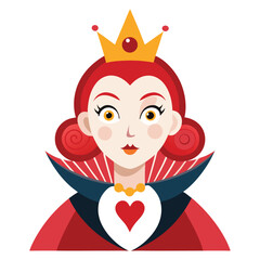 Alice in Wonderland Queen of Hearts clipart. The image shows a stylized depiction of the Queen of Hearts with a crown and a high collar. Vector illustration design.