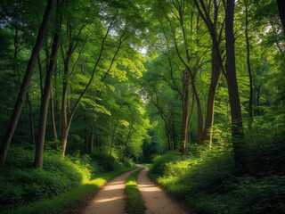 Fototapeta premium Winding dirt path through a lush green forest with tall trees and dappled sunlight. Peaceful nature scene.