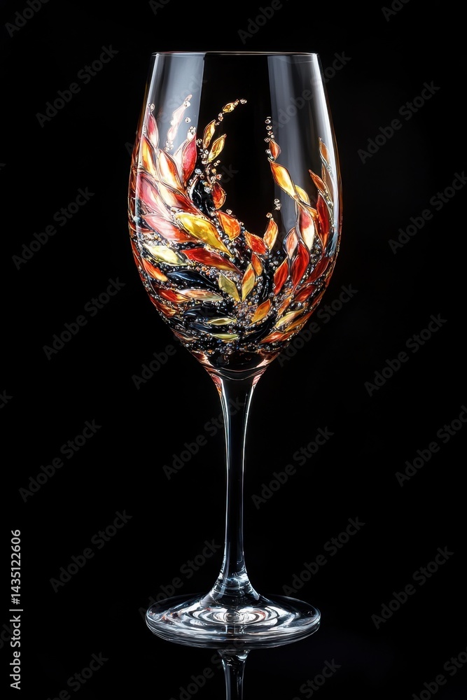 Poster elegant wine glass adorned with vibrant autumn leaf design against a dark backdrop reflecting light 
