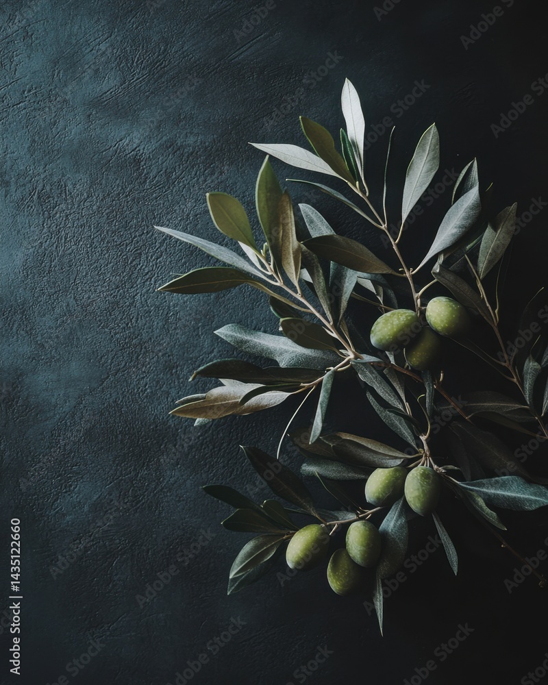 Poster elegant olive branch with ripe green olives on dark textured background capturing natural light and 