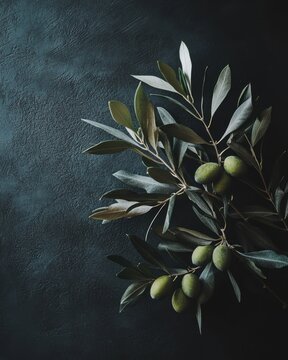 Fototapeta Elegant olive branch with ripe green olives on dark textured background capturing natural light and shadow creating a serene and organic visual experience for culinary themes