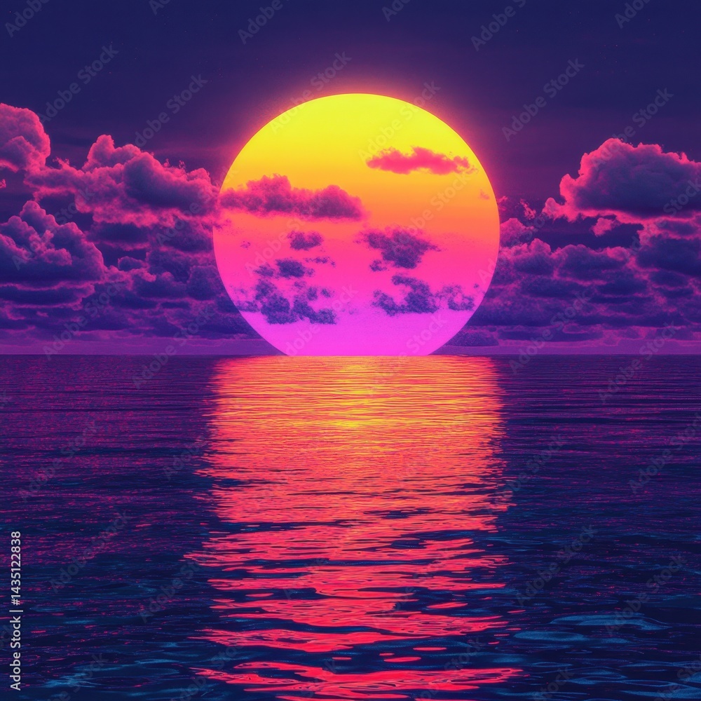 Aufkleber retro sunset over the ocean with pink clouds and a gradient sun reflecting on the water surface crea
