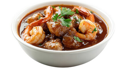 a delicious bowl of shrimp in a rich. flavorful sauce. garnished with fresh parsley. highlighting the appeal of seafood cuisine it emphasizes the dish's inviting presentation. making it perfect for fo