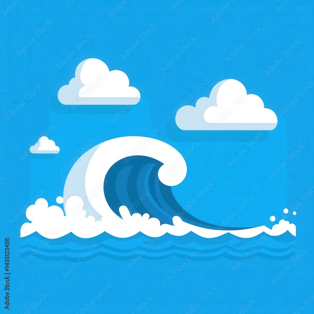 Poster Captivating illustration of a majestic ocean wave cresting under a serene sky with fluffy clouds creating a peaceful and inviting atmosphere in a modern flat style design