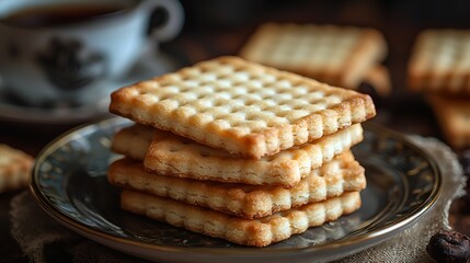 Stack of crispy square biscuits on a plate with tea.