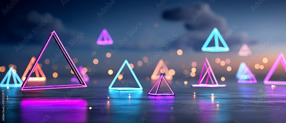 Poster neon triangles float above a glossy surface under a twilight sky