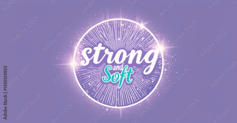 Fototapete purple backdrop features circular design. text reads strong and soft with radiating lines, bright sp