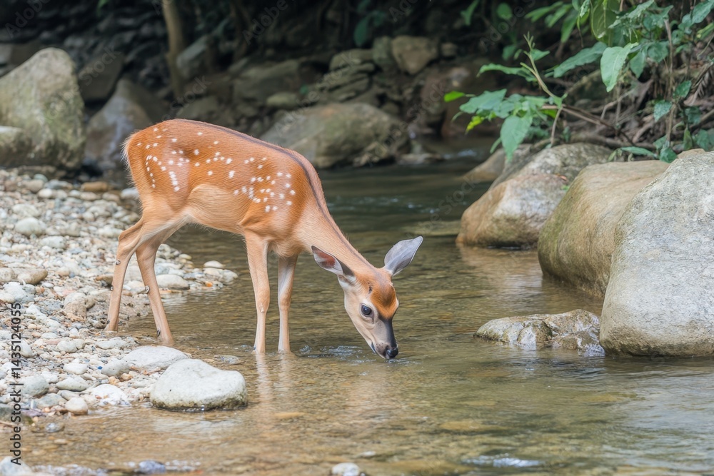 Poster adorable fawn drinking from a clear stream in a natural forest setting with rocks and lush greenery 