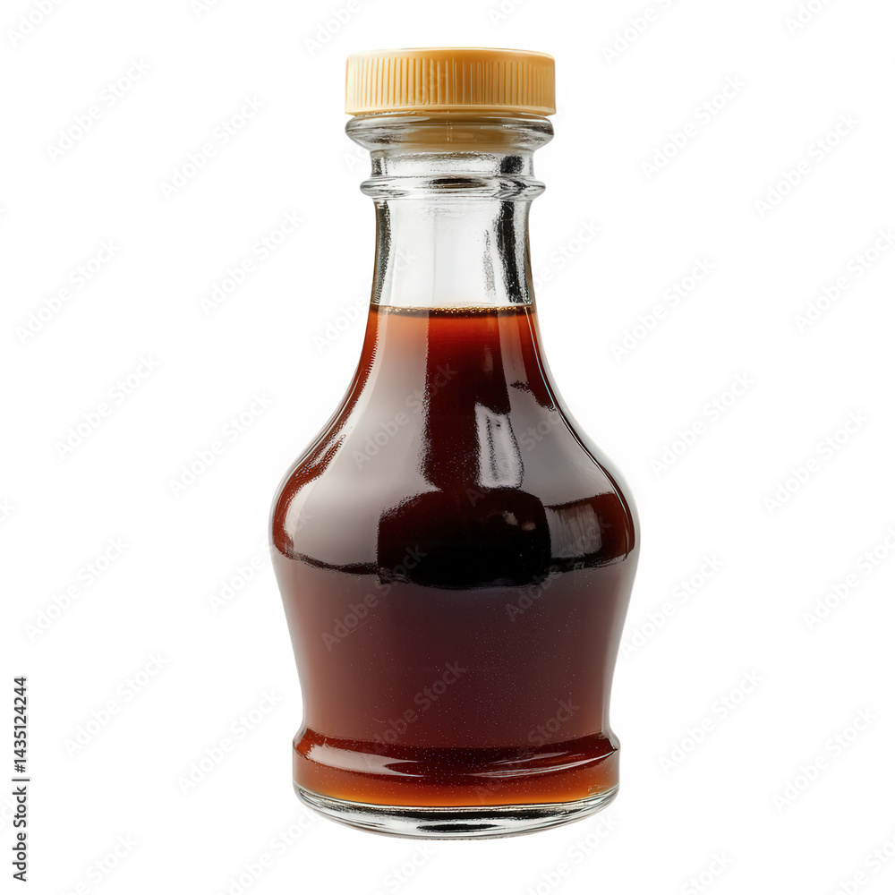 Poster glass bottle filled with a dark liquid. likely a condiment such as soy sauce or vinegar. showcasing 