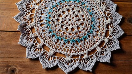 Obraz premium Crocheted mandala doily on wooden background handmade decor art craft photo