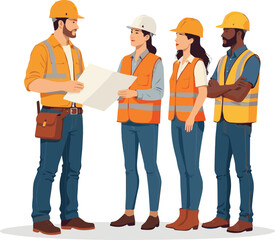 Create a flat vector illustration of construction site work with white background.