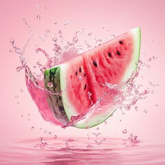 Product advertisement design of watermelon fruit in water splash on pink background.