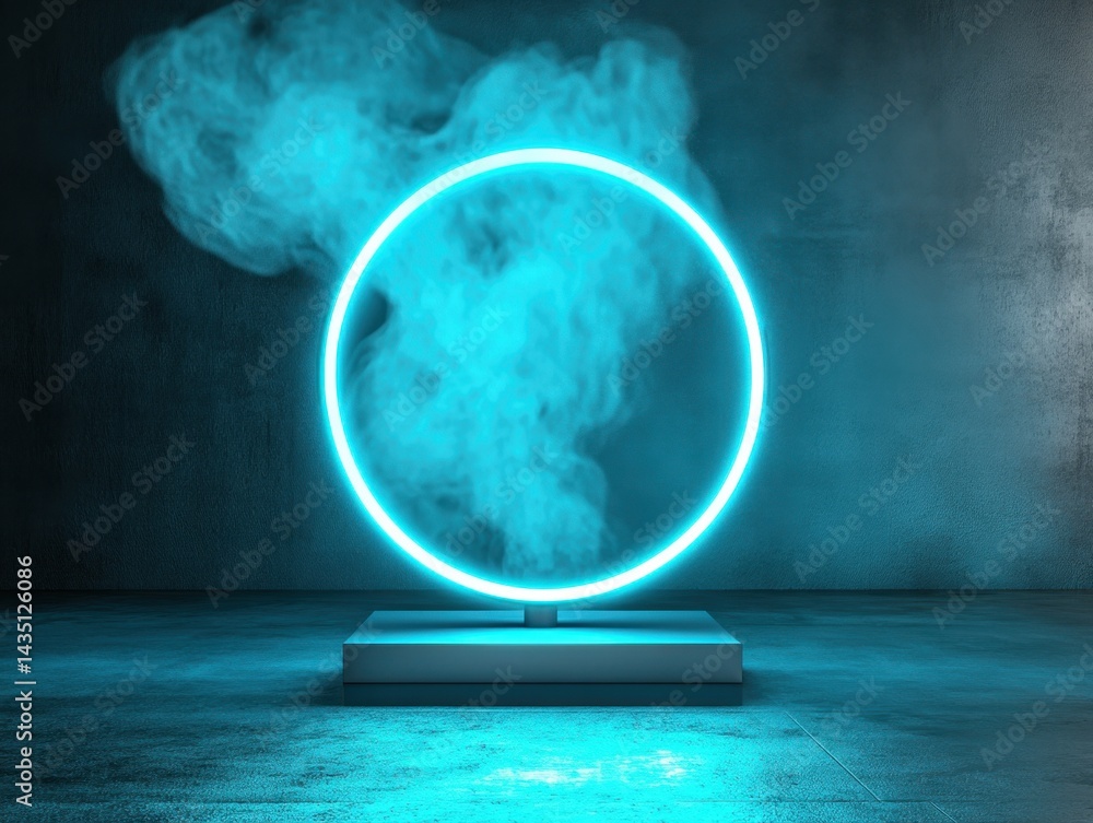 Poster luminous cyan circle on platform with smoke against concrete wall creating futuristic atmosphere and