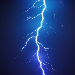 Vibrant blue lightning bolt illuminated against a rich, dark indigo background, with subtle gradient effects and nuanced shading, showcasing a highly detailed 3D rendering with intricate textures and 