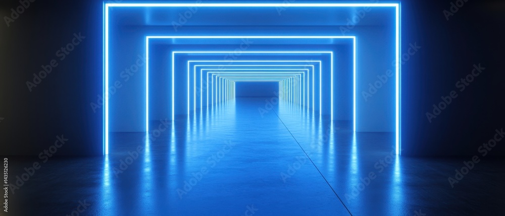 Poster abstract futuristic corridor with glowing neon lights creating a perspective view into infinity mode