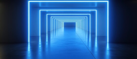 Abstract futuristic corridor with glowing neon lights creating a perspective view into infinity modern architecture with blue light and dark background