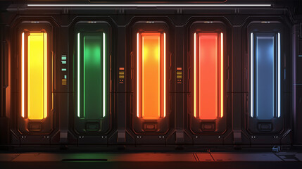 Five glowing energy pods in vibrant neon colors inside a high-tech sci-fi environment with futuristic design.