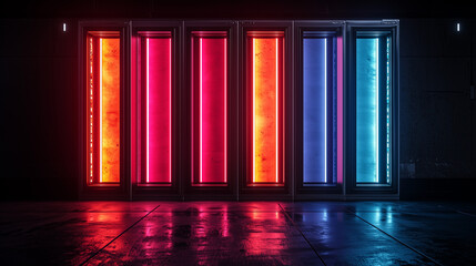 High-tech server cabinets glowing with vibrant red, pink, and blue neon lights in a futuristic data center interior.