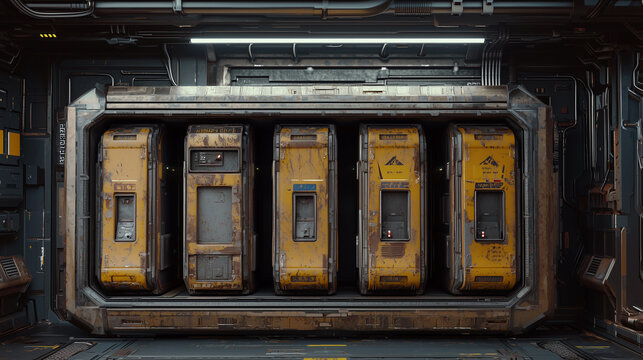 Row of worn yellow cryo pods in a futuristic sci fi chamber with detailed industrial textures and metallic walls. - Powered by Adobe