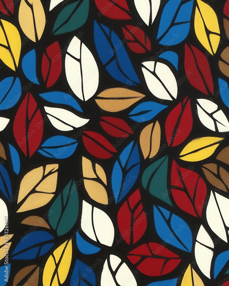 Poster vibrant autumn leaves in a colorful mosaic pattern against a dark background creating a lively and a
