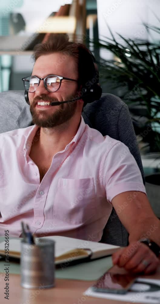 Aufkleber Happy, businessman and consultant writing with headset on computer for customer service or report. Man, agent or virtual assistant taking notes at call center for client enquiry, reminder or schedule