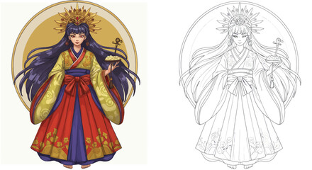 Divine Japanese Figure: A detailed illustration of a regal Japanese figure, emanating an aura of serenity and wisdom, is adorned in opulent attire, against a backdrop of cultural heritage.