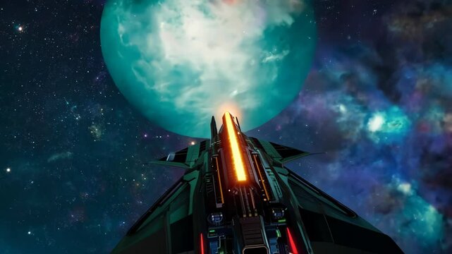 Space ship flying through the galaxy, future technology and sci-fi concept