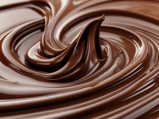 Close-up of swirling, glossy dark chocolate. Rich and decadent texture.
