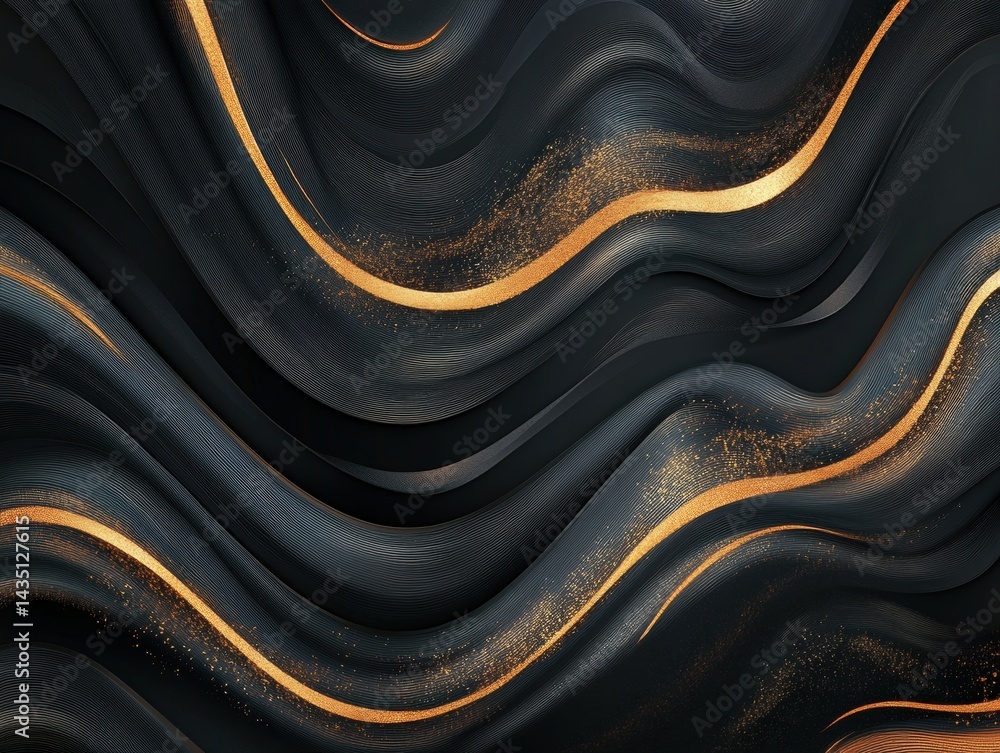 Poster abstract dark waves with golden glitter accents creating a luxurious and elegant background with a m