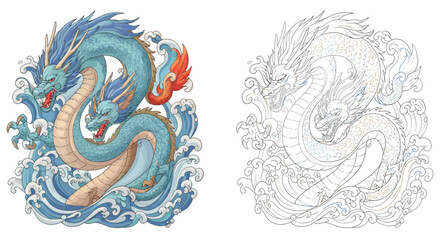 Three-headed Dragon Art: A vibrant illustration of a three-headed dragon emerging from crashing waves, presented alongside a line-art version. Perfect for fantasy art, mythology, and tattoo design.