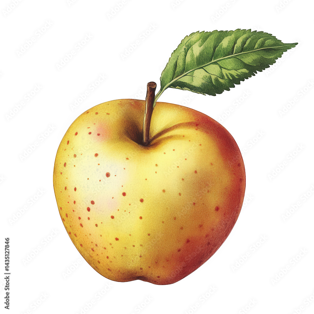 Poster a realistic illustration of a yellow apple with a small green leaf attached to its stem the apple ha