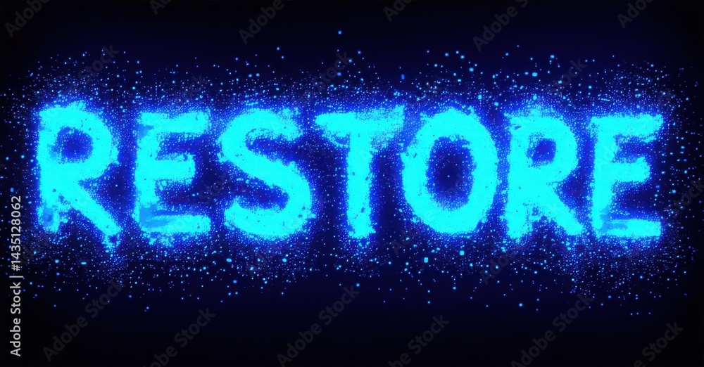 Fototapete Bright blue text spells RESTORE against dark background. Glittering particles create dynamic visual effect. Simple, impactful design.