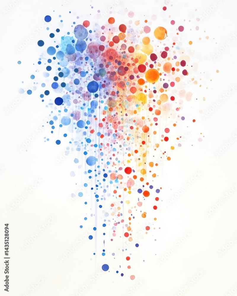 Poster vibrant watercolor cascade of colorful dots on a white background creating a dynamic and artistic sp