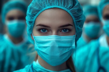 
A group of doctors in masks and gloves stand together in a hospital corridor, showing unity and professionalism.

