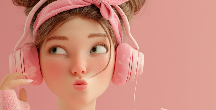 3D cartoon illustration of a happy young woman wearing a floral dress and pink headphones, smiling against a yellow banner background. Perfect for music apps, lifestyle blogs, podcast promotions, yout