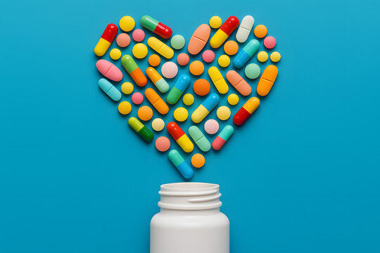 Heart-shaped arrangement of pills and capsules on a blue background