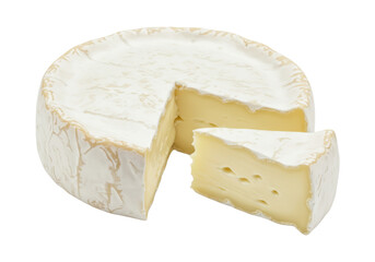 Brie cheese wheel with a slice cut out isolated on transparent background