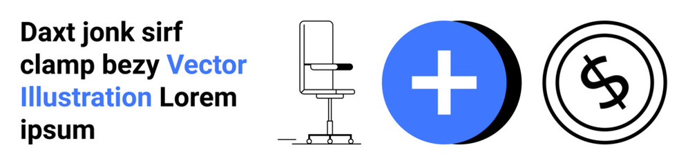 Obraz premium Minimal chair outline, blue medical cross, circular dollar emblem. Ideal for business, healthcare, finance, branding, education modern art technology. Abstract line flat metaphor