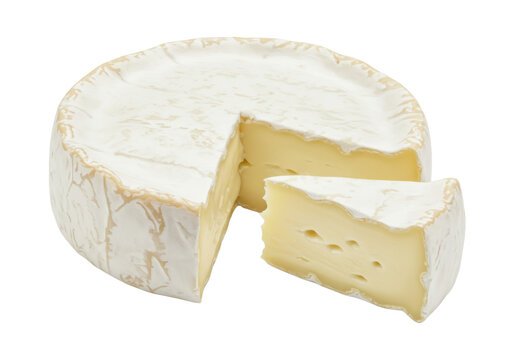 Brie cheese wheel with a slice cut out isolated on transparent background