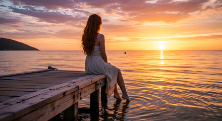 Fototapeta premium Serene sunset contemplation woman on pier enjoying peaceful ocean view golden hour tranquility