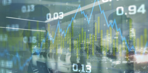 Double exposure of abstract financial graph on office buildings background traders concept