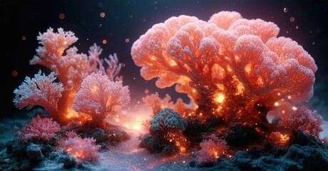 Glowing coral formations dominate scene. Pink, orange hues create ethereal underwater landscape. Light sparkles, depth visible.
