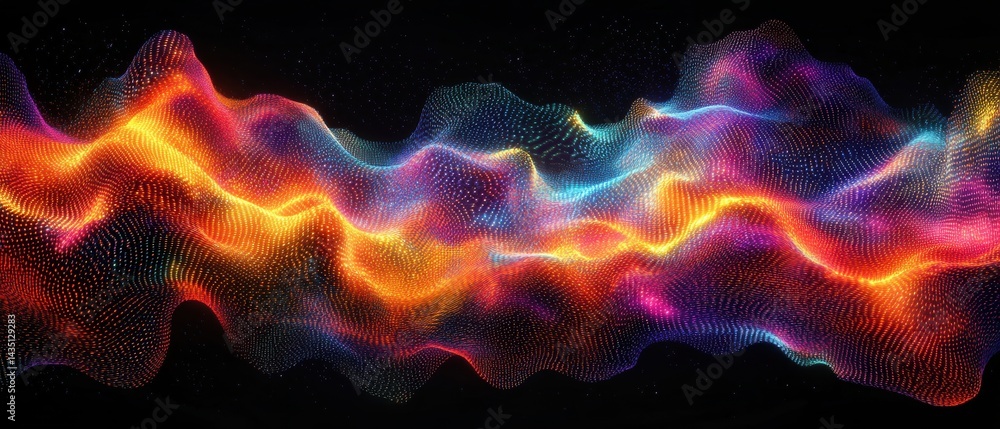 Poster abstract cosmic landscape with glowing particles in vibrant colors creating a dynamic flowing energy