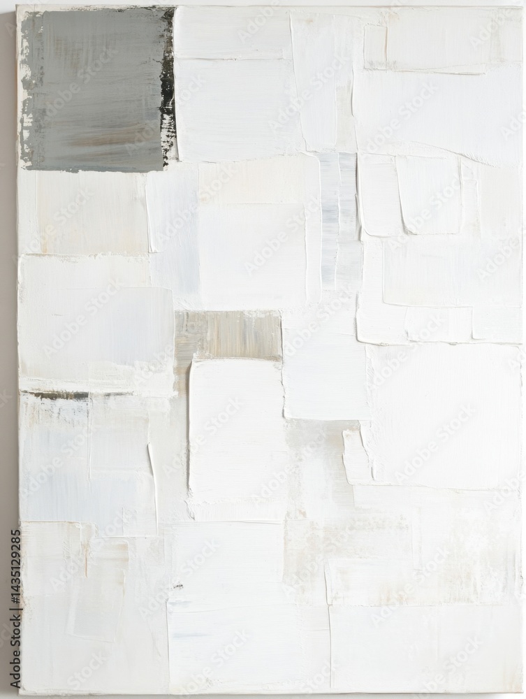 Poster abstract painting featuring white and neutral tones with a textured surface creating a modern and mi